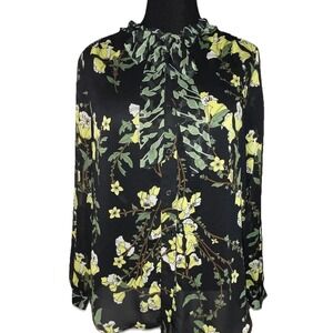 Who‎ What Wear Black Floral Button Up Ruffle Blouse Size Large
